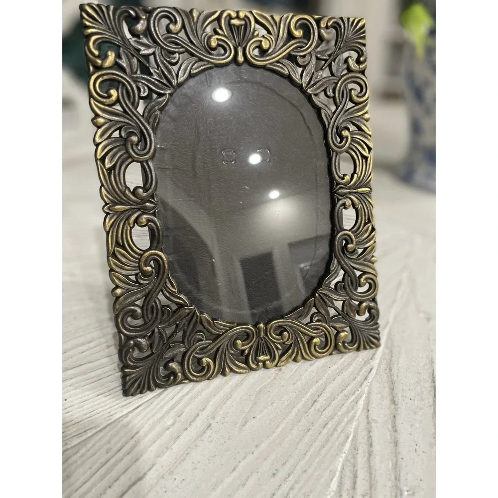 Vintage Heavy Antique Brass Colored Metal Filigree Picture Frame Holds 5